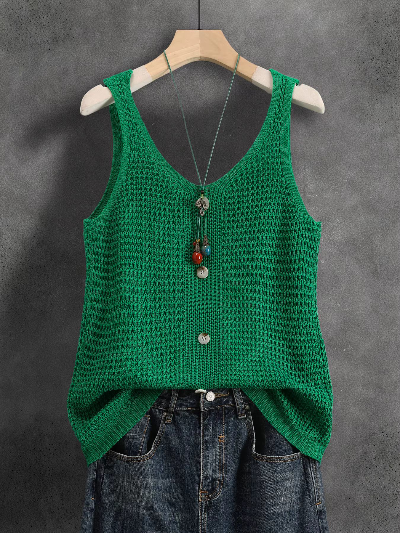 Gilet tricoté sans manches à col en V, réversible avec faux boutons, Nouvelle collection été 2026, H