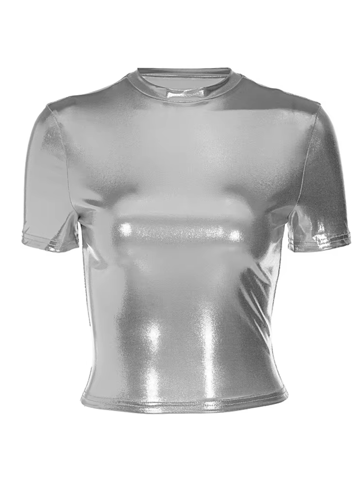 T-shirt à manches courtes en cuir monochromatique pour femmes, haut à col rond, t-shirts sexy, vêtem
