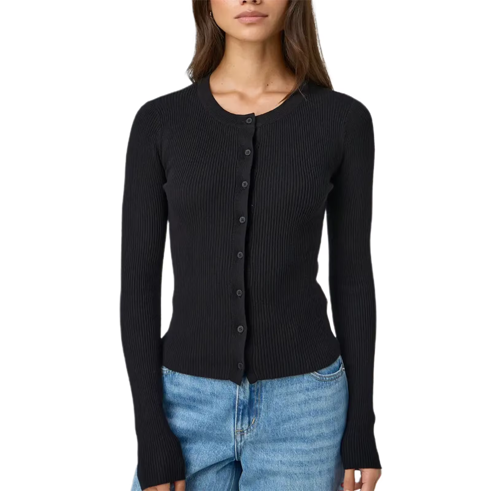 Cardigan côtelé pour femmes, hauts décontractés à manches longues, couleur unie, col rond, boutonné,