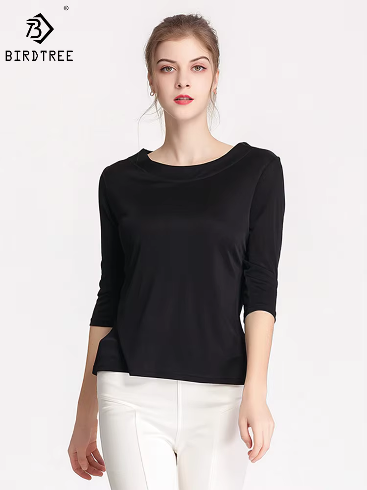 Birdtree soie mélange tricoté solide T-shirts, Slash cou lâche femmes décontracté basiques T-shirts,