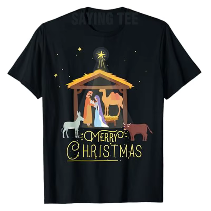 T-shirt manches courtes avec illustration de dessin animé, haut graphique, joyeux Noël, scène de la 