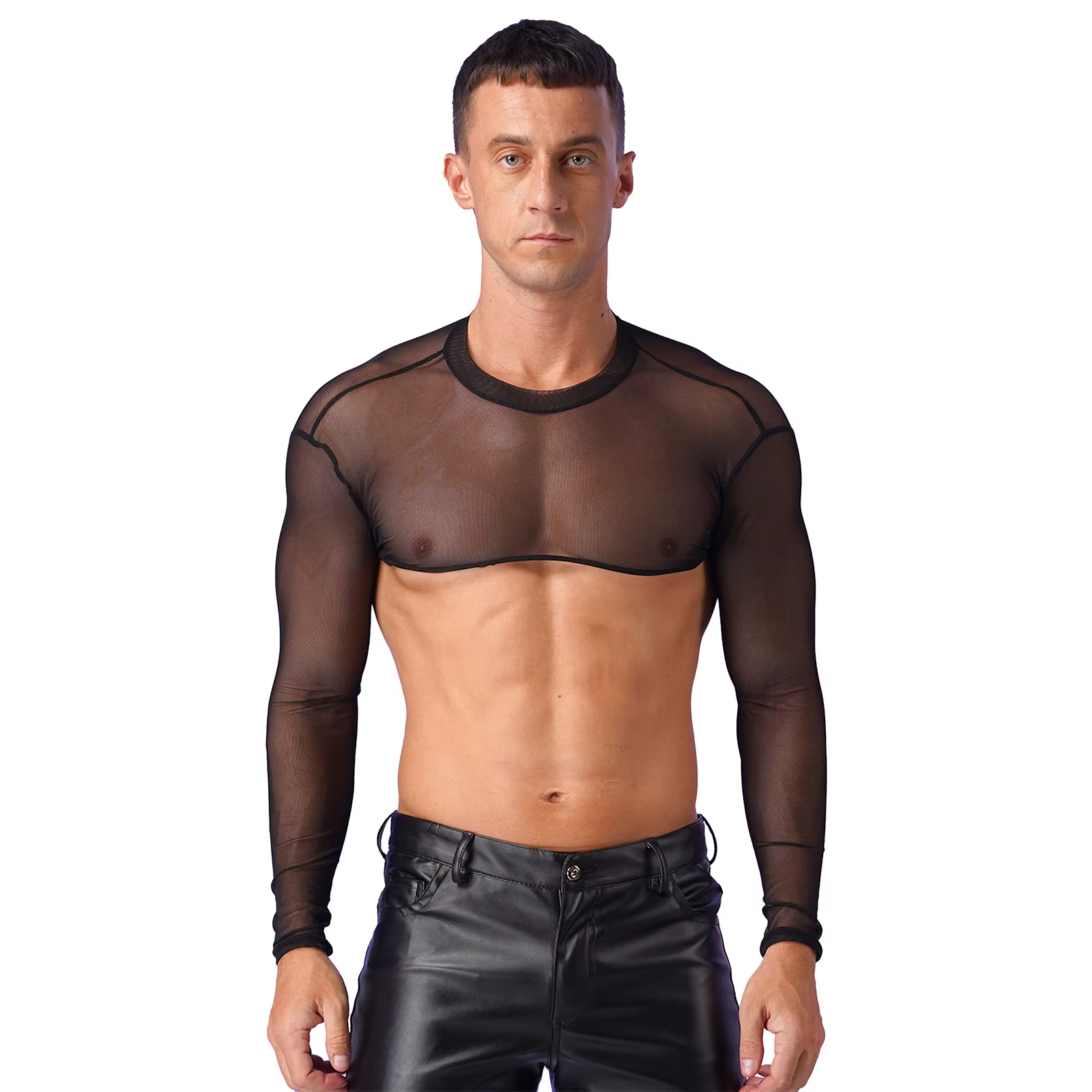 Hommes transparent maille transparente demi débardeurs chemises à manches longues corps poitrine har
