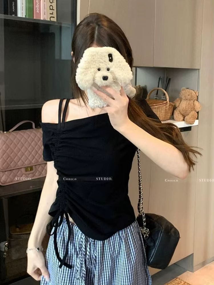 T-shirt asymétrique à cordon de serrage pour femme, haut d'été élégant et sexy à épaules dénudées, c