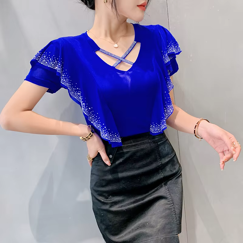 T-shirt manches courtes col en V femme, estival et élégant, à volants, en maille, faux diamants croi