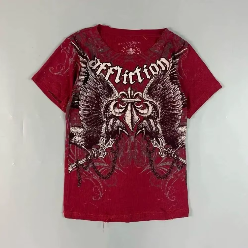 T-shirt homme été col rond doux et respirant imprimé gothique lettres, os, ailes et crânes, style eu