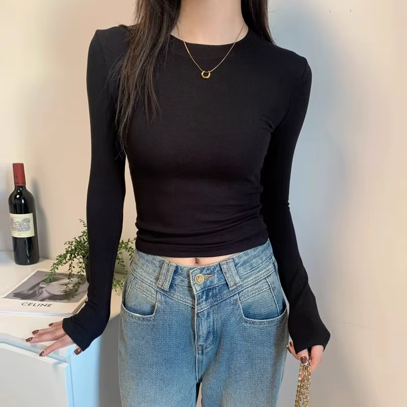 T-shirt à manches longues pour femme, coupe régulière, côtelé, doux, polyvalent, idéal comme sous-vê
