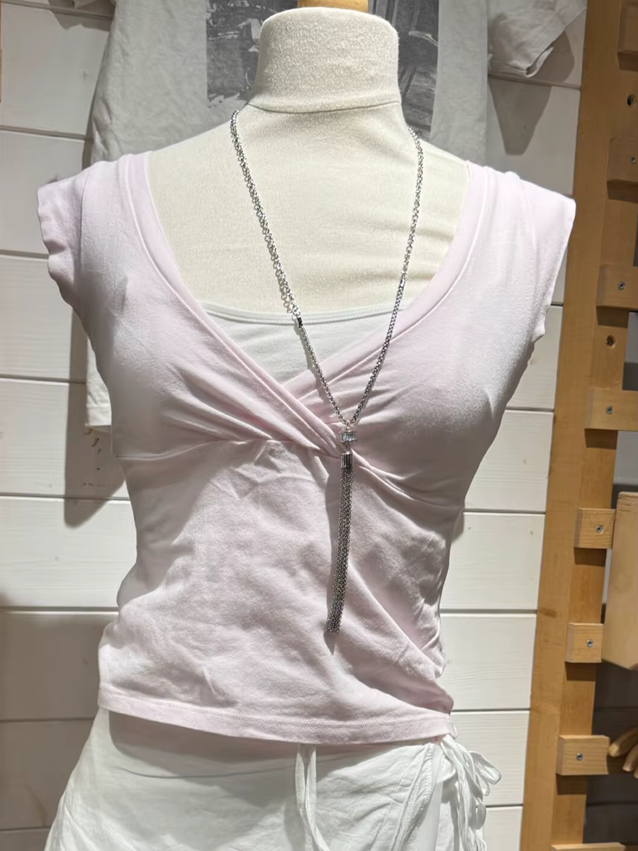 T-shirts roses à col en V sans manches pour femmes, style féerique décontracté d'été, crop tops en c