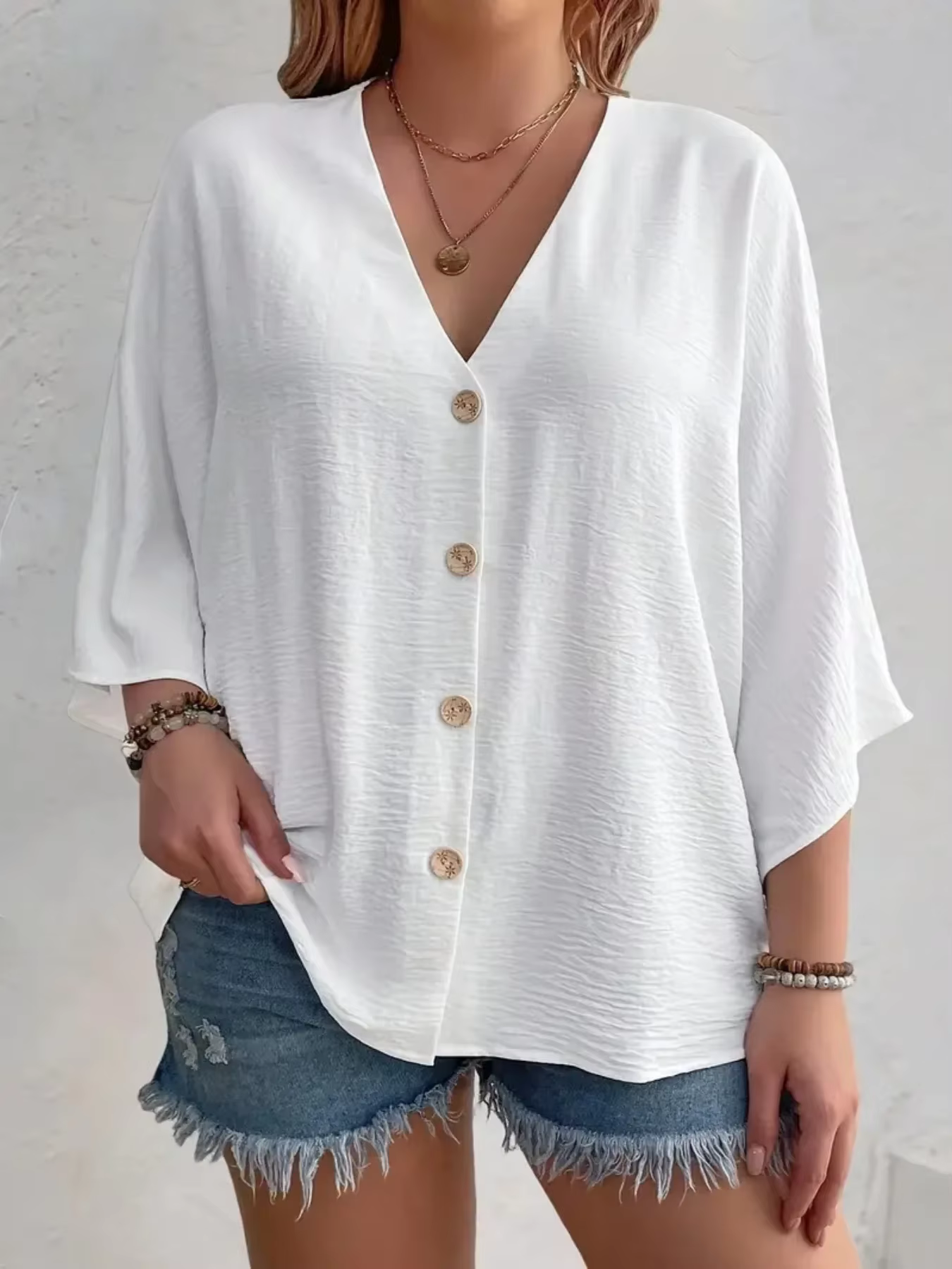 T-shirt pour femmes grandes tailles, couleur unie, respirant, col en V, boutonné, vêtements décontra