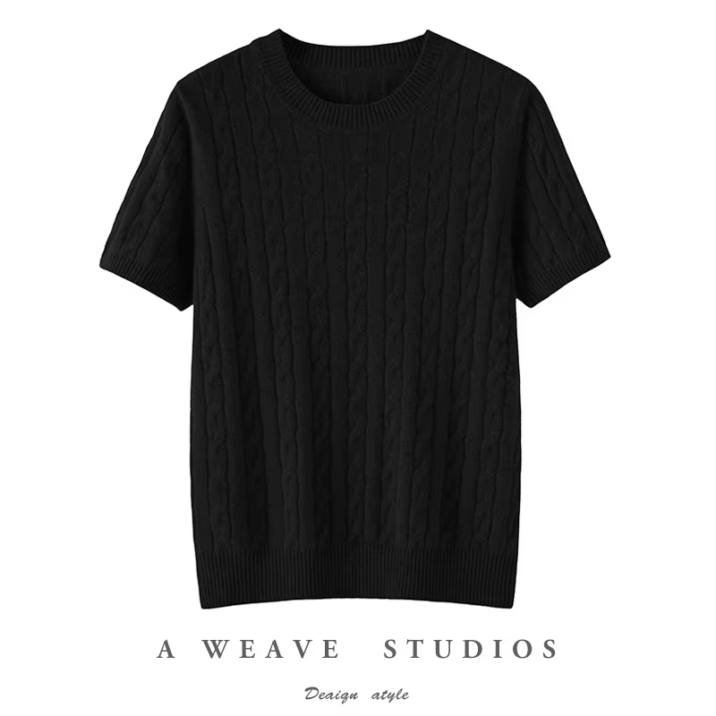 Pull à manches courtes et col rond pour femme, pull de luxe en pur cachemire, pâte frite torsadée, c