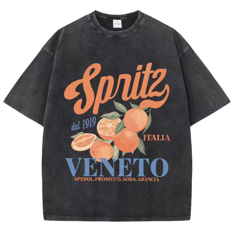 Spritzy Veneto Orange Fruits imprime lavé t-shirts femmes coton T-Shirt en détresse col rond confort