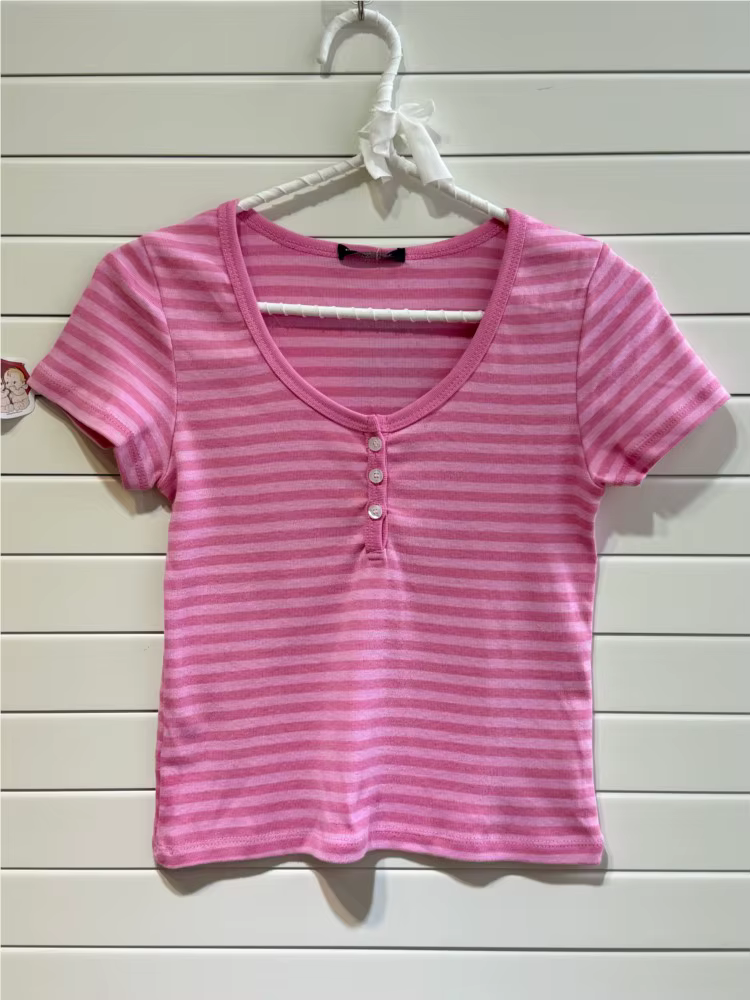 T-shirt à manches courtes rayé rose pour femme, nouveau modèle d'été en coton, col rond, coupe ajust