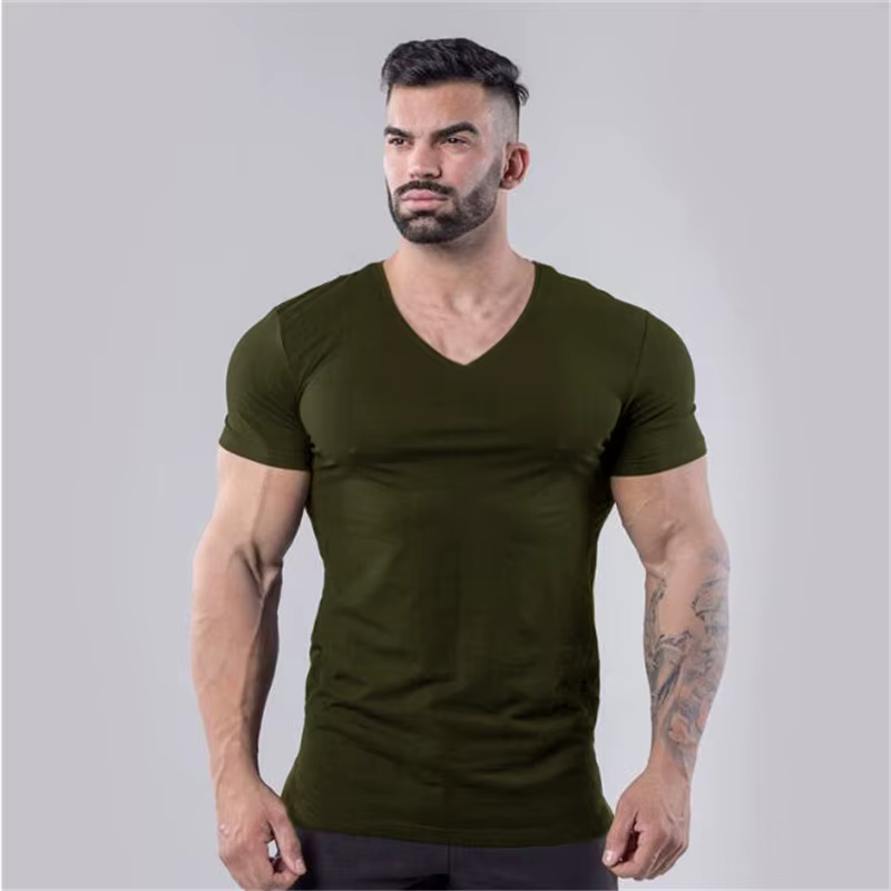 T-shirt de sport en coton uni pour hommes, vêtements de Fitness d'été, col en v, manches courtes, co