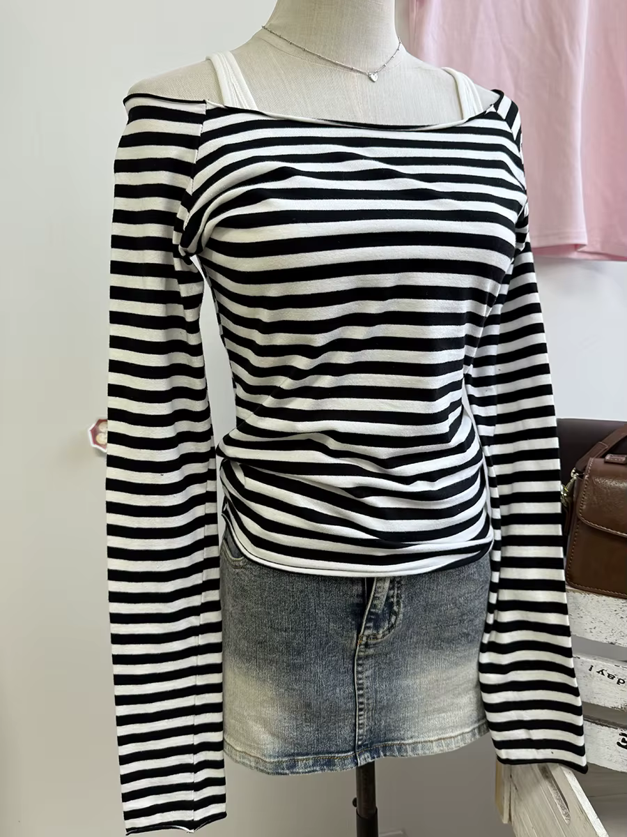 T-shirt rose rayé à manches longues pour femme, en coton simple, col biaisé, coupe ajustée, style pr