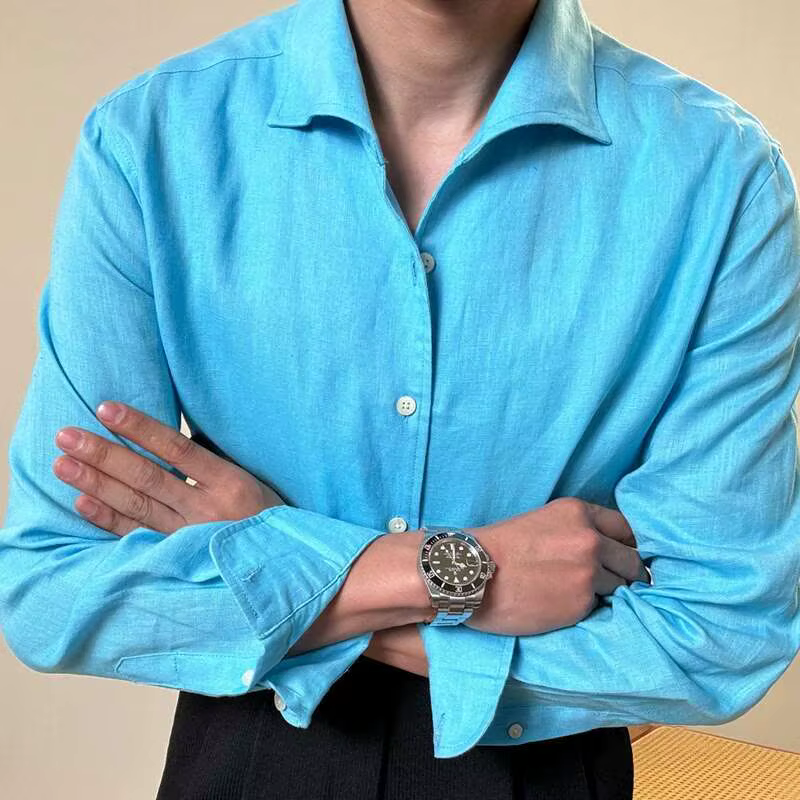 Chemise à manches longues en lin pour hommes, col italien, chemise d'affaires décontractée, robe soc