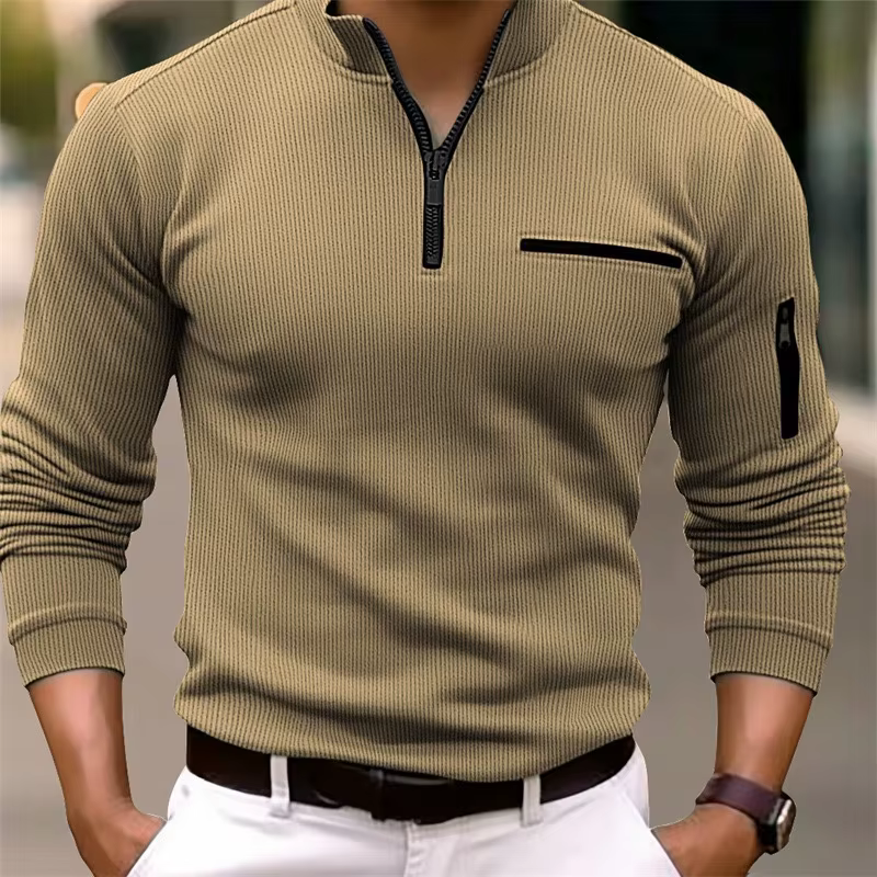 POLO rayé à manches longues pour hommes, col à fermeture éclair, style rétro, sport, loisirs de plei
