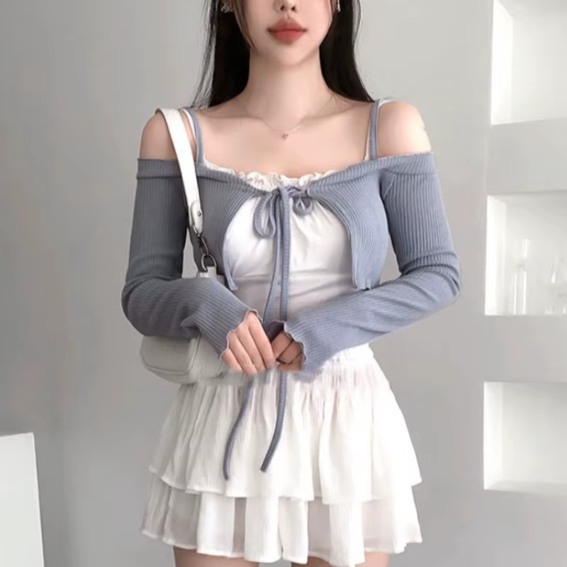 Mode rose Sexy femmes épaules nues à lacets manteaux corée printemps été nouveau doux Cardigan court