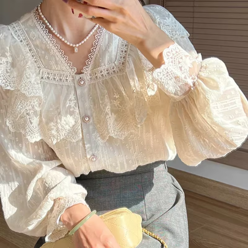 Chemisier à volants en dentelle à manches longues pour femmes, chemises vintage françaises, élégante