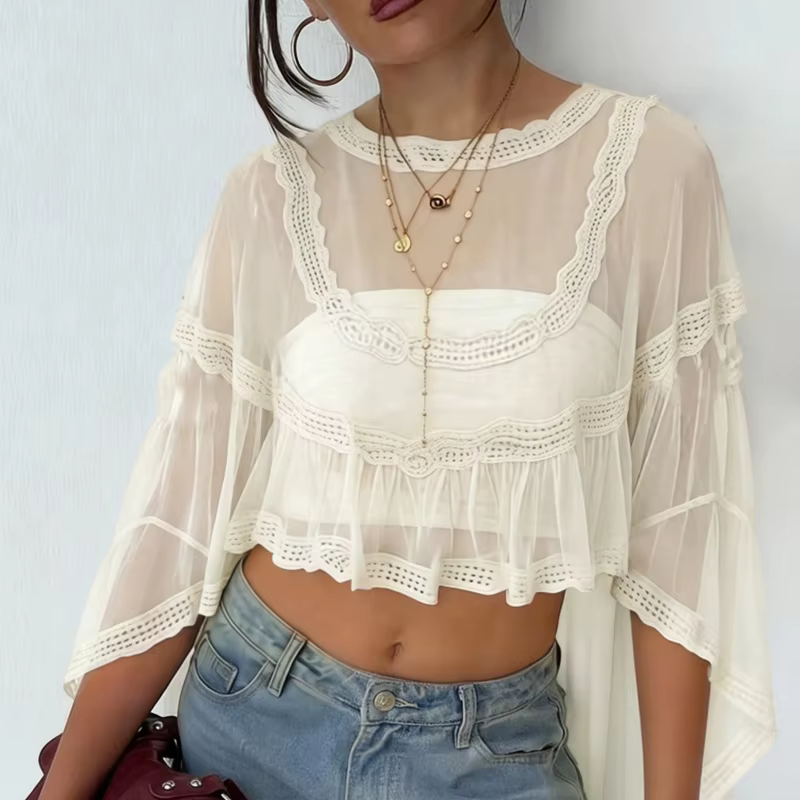 Chemisier poncho transparent pour femme, long et oversize, à manches chauve-souris, avec dentelle co