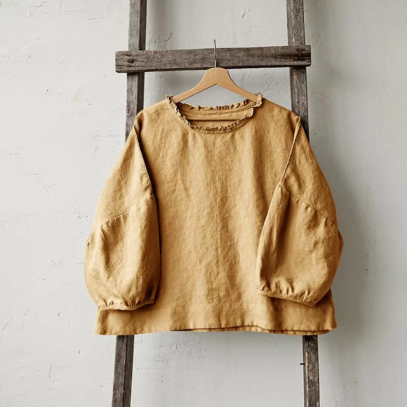 T-Shirt en Lin Rétro pour Femme, Décontracté, Col Rond, à Volants, Manches sulf, Printemps Automne