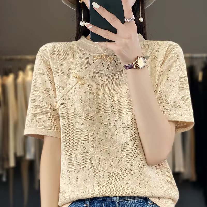 T-shirt à manches courtes pour femme, pull creux en jacquard tridimensionnel, t-shirts d'été, pull c