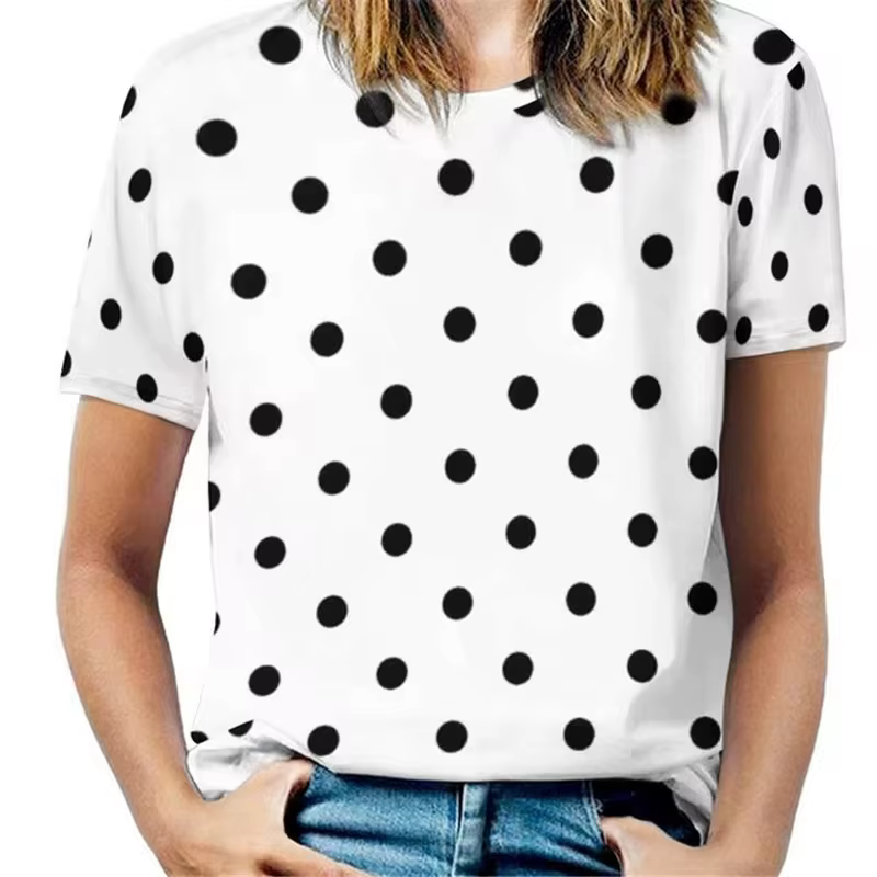 T-shirt à manches courtes et col rond pour femmes, vintage, impression de points 3D, mode rétro, t-s