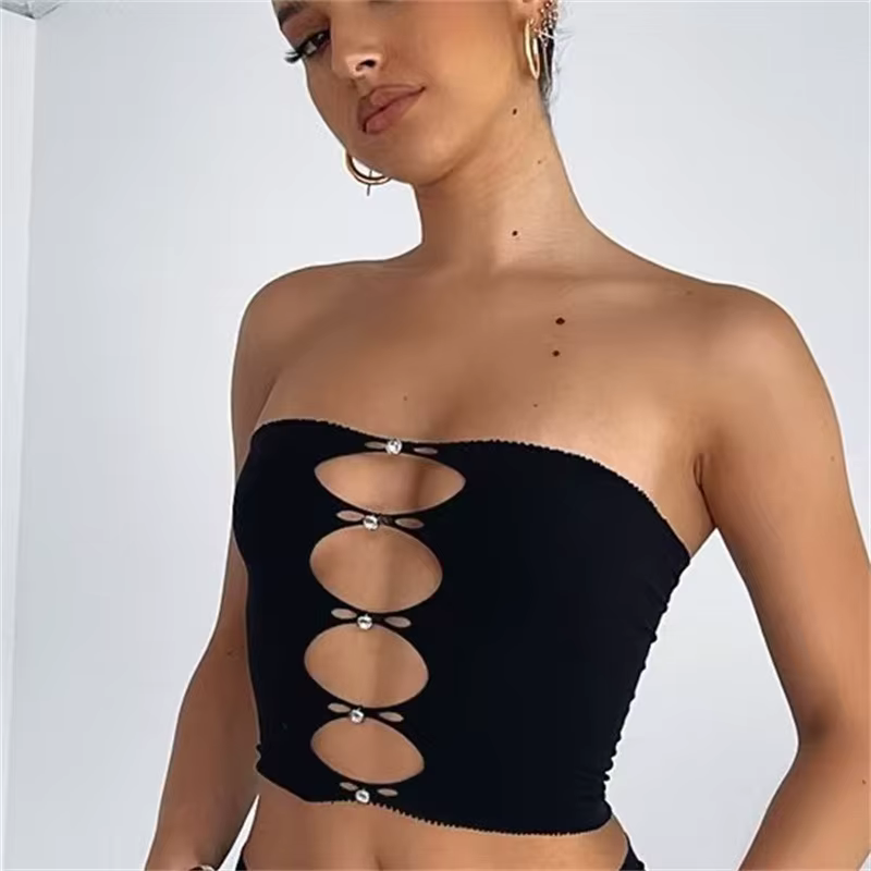 Haut court Sexy ajouré, tenues y2k, Clubwear, t-shirt sans bretelles, sans manches, noir et marron, 