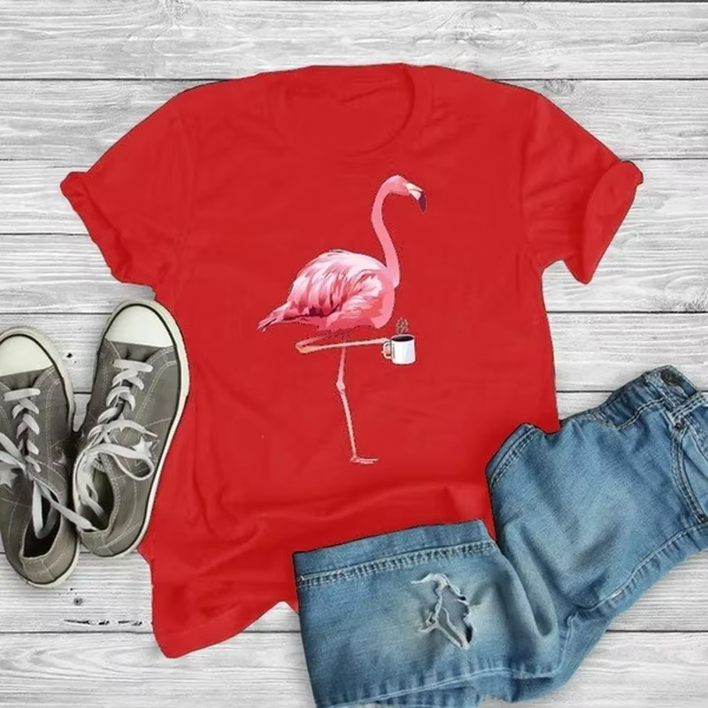Flamingo café imprimé t-shirt femmes à manches courtes col rond t-shirt ample été femmes t-shirt hau