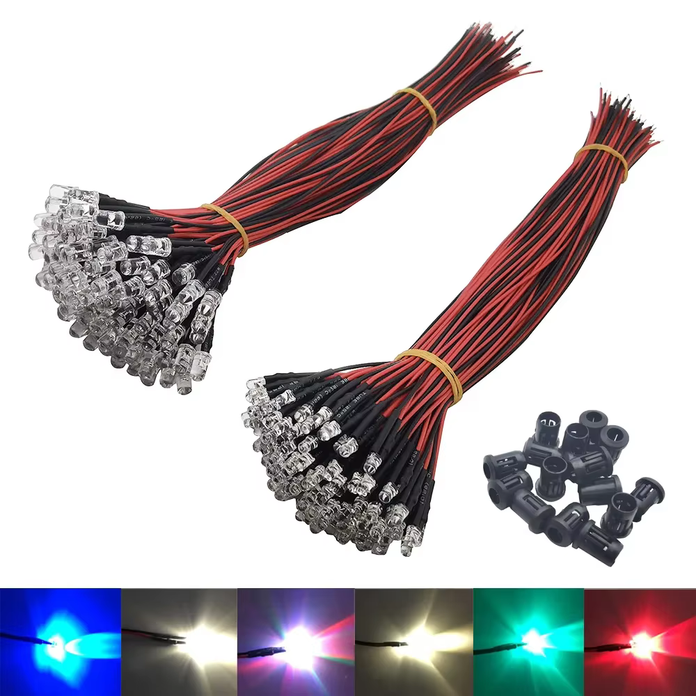 Lot de 20, 50 ou 100 ampoules LED pré-câblées de 20 cm, 3 mm ou 5 mm, diodes électroluminescentes pr