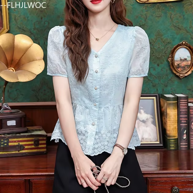 Peplum hauts chemisiers nouvelle mode femmes été à manches courtes mignon doux filles broderie dente