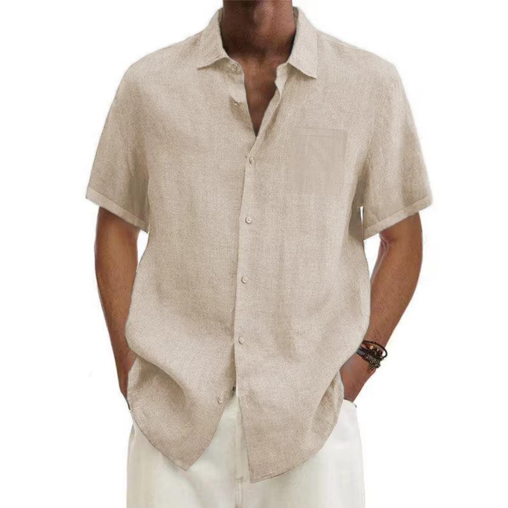 Chemises à manches courtes pour hommes, en coton et lin, couleur unie, col rabattu, décontracté, Sty