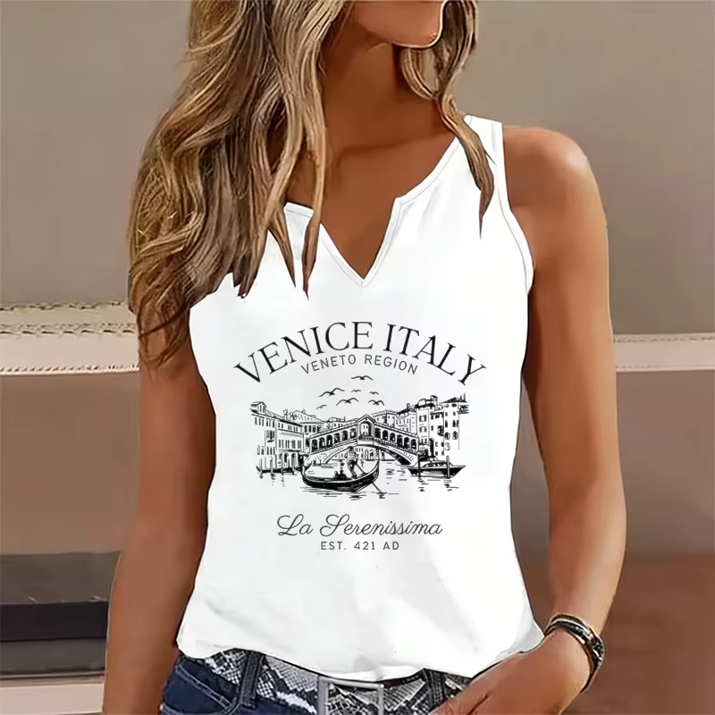 T-shirt débardeur vintage Italie Venise sans manches col en V décontracté rétro pour femme avec moti