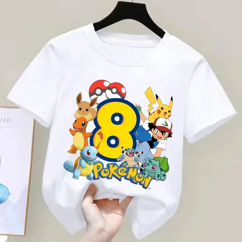 Pokemons Pikachu enfants t-shirts anniversaire numéro 1-9 imprimé t-shirt garçons filles été décontr