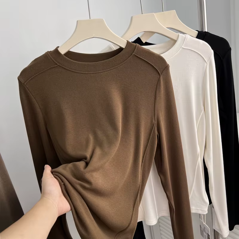 T-shirt à manches longues et col rond pour femme, haut basique décontracté et solide, printemps 2025