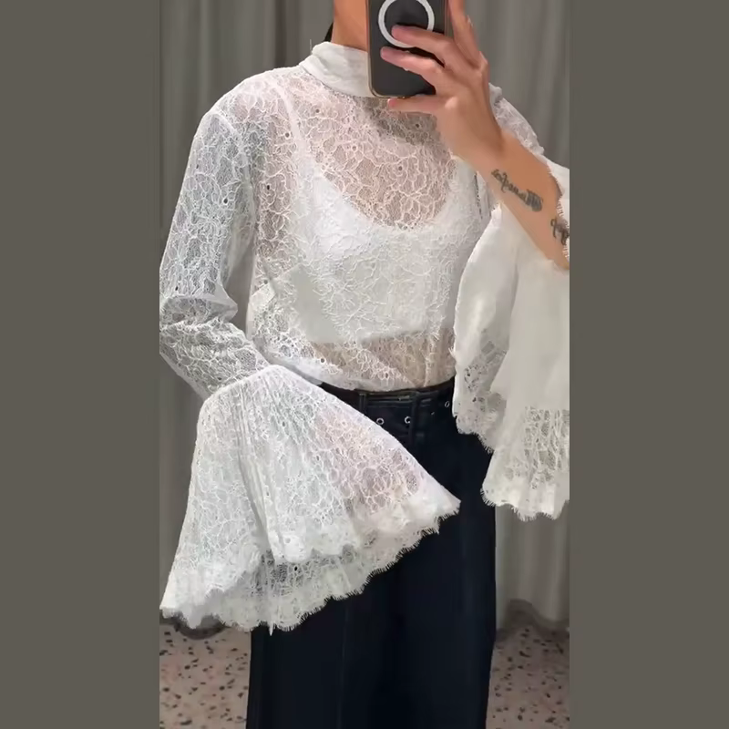 Chemisier élégant transparent pour femme, mode féminine, manches évasées, sexy, à lacets, coupe ampl