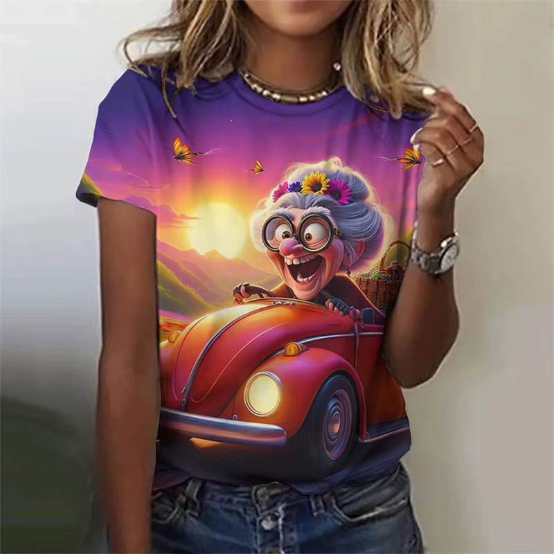 T-Shirt manches courtes col rond femme, ample, tendance, motif grand-mère, personnalité de dessin an