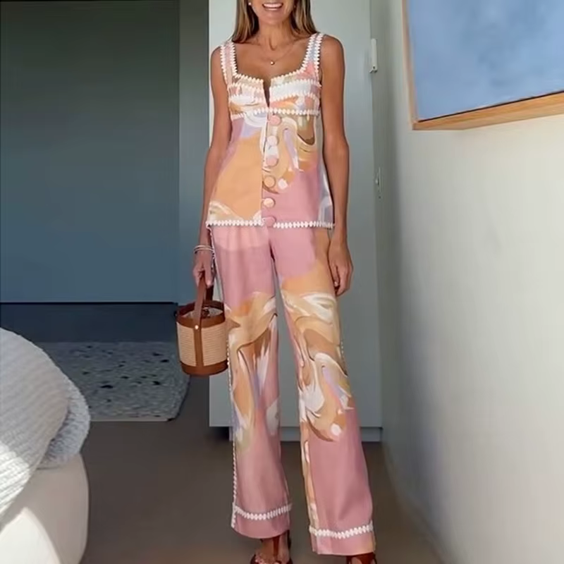 Ensemble deux pièces Sexy sans manches, col licou, gilet et pantalon droit, style bohème, décontract