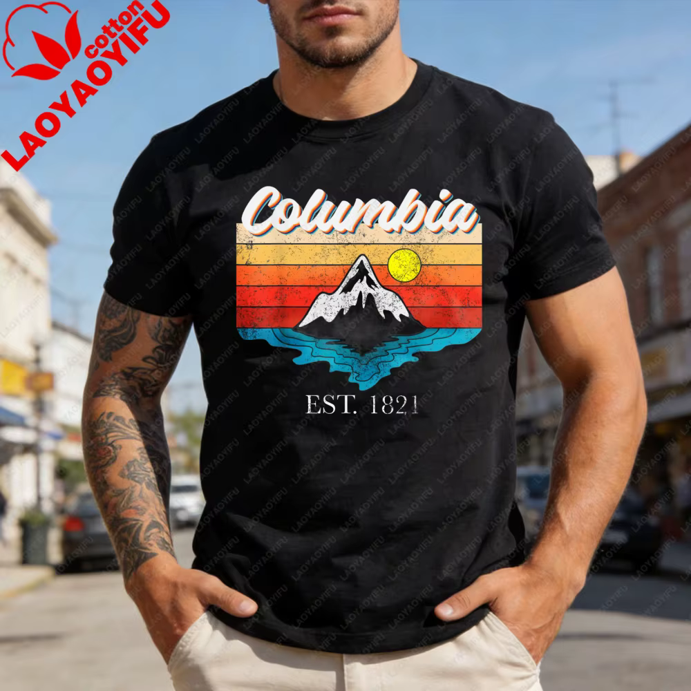 Columbia Mountain Sunset T-shirt en coton à manches courtes pour hommes, vêtements à la mode pour le