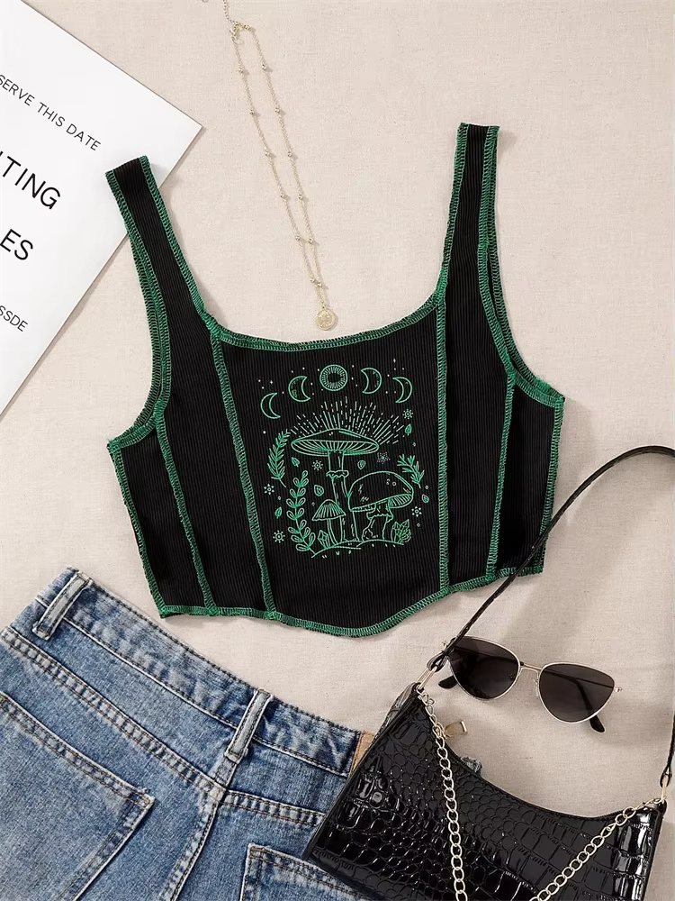 Haut court imprimé grunge gothique pour femmes, tee-shirt d'été, chemises Y2K, patchwork de fibres,
