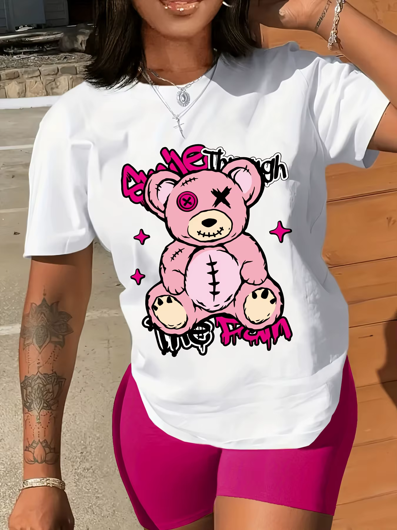 T-Shirt col rond imprimé ours, T-Shirt décontracté à manches courtes pour printemps et été, vêtement