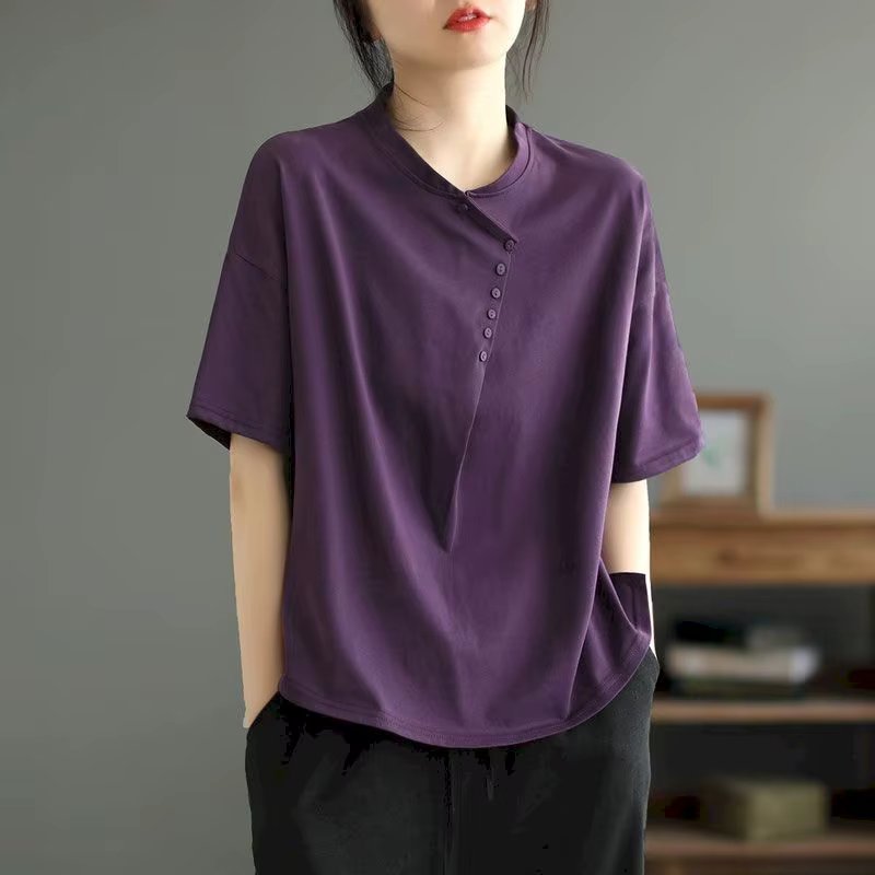 100% coton T-shirt femmes Design de mode bouton col rond T-shirt bonne qualité décontracté ample à m