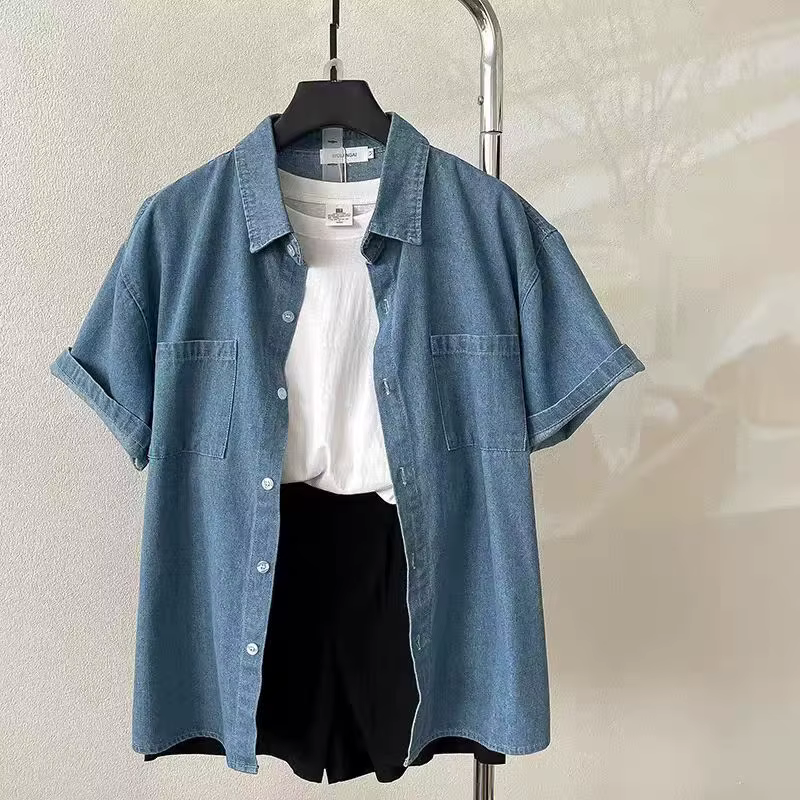 Chemise décontractée vintage en denim ample à manches courtes pour femmes printemps été nouveau styl