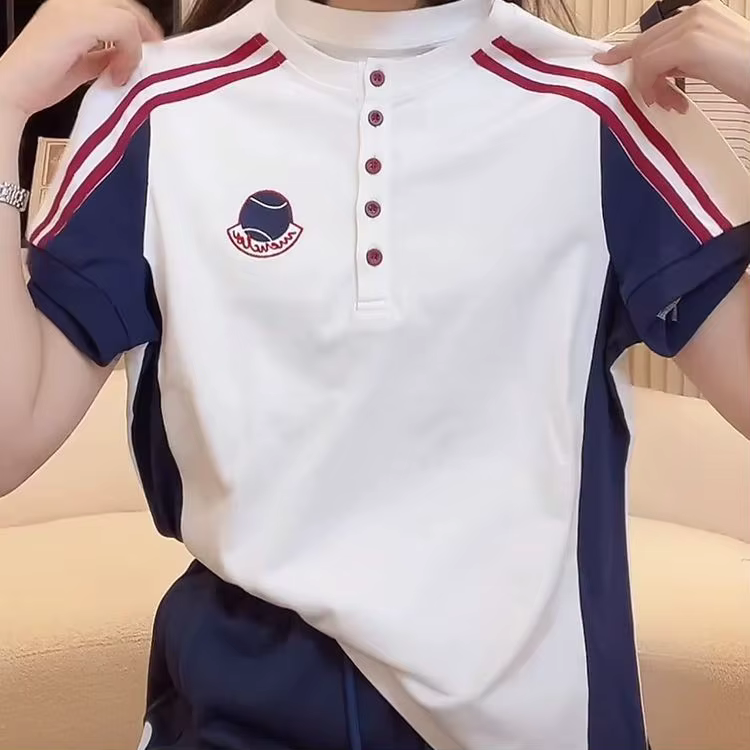 T-shirt de tennis preppy pour femme, haut sportif color block, décontracté, à manches courtes, col b