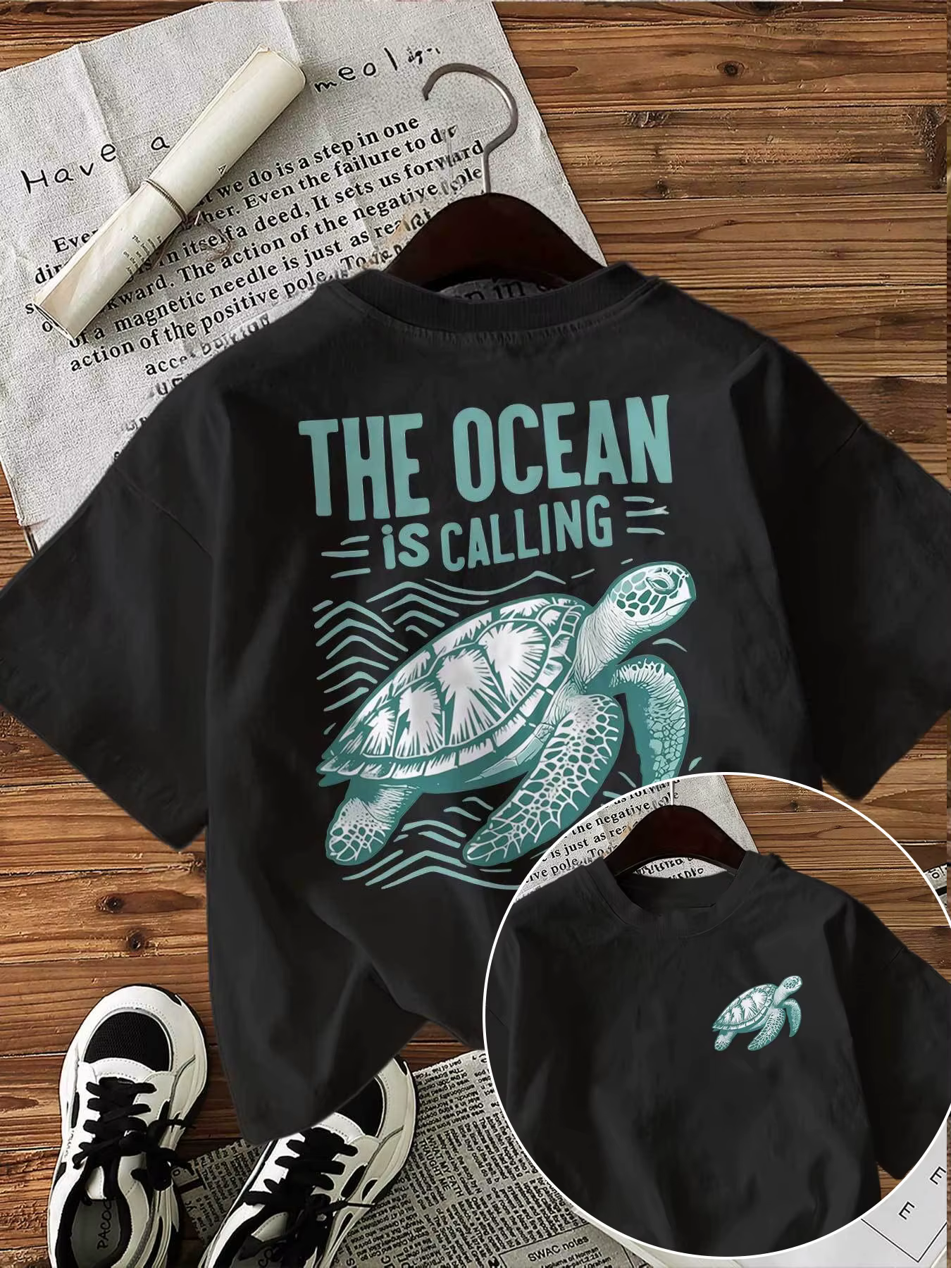 T-shirt graphique « L'océan appelle » avec tortue marine, pour femmes et hommes, décontracté, à manc