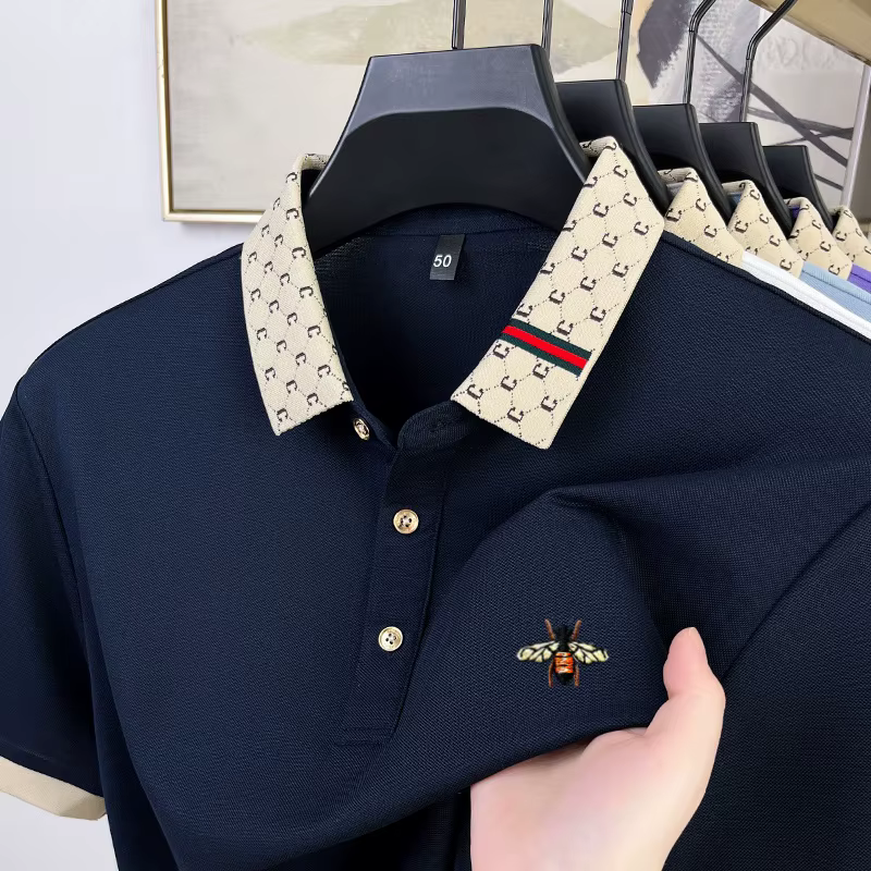 Nouvelle collection d'été, polo brodé d'abeilles exquis pour homme, haut court en soie de mûrier, co