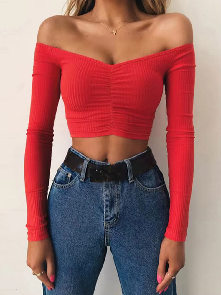 Femmes T-shirts sexy et club mode femme T-shirt à manches longues épaules nues couleur unie dame T-s