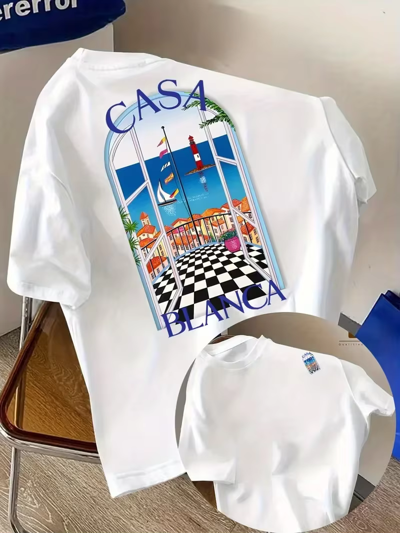T-shirt graphique en coton style architectural Casablanca, décontracté et tendance, pour hommes et f