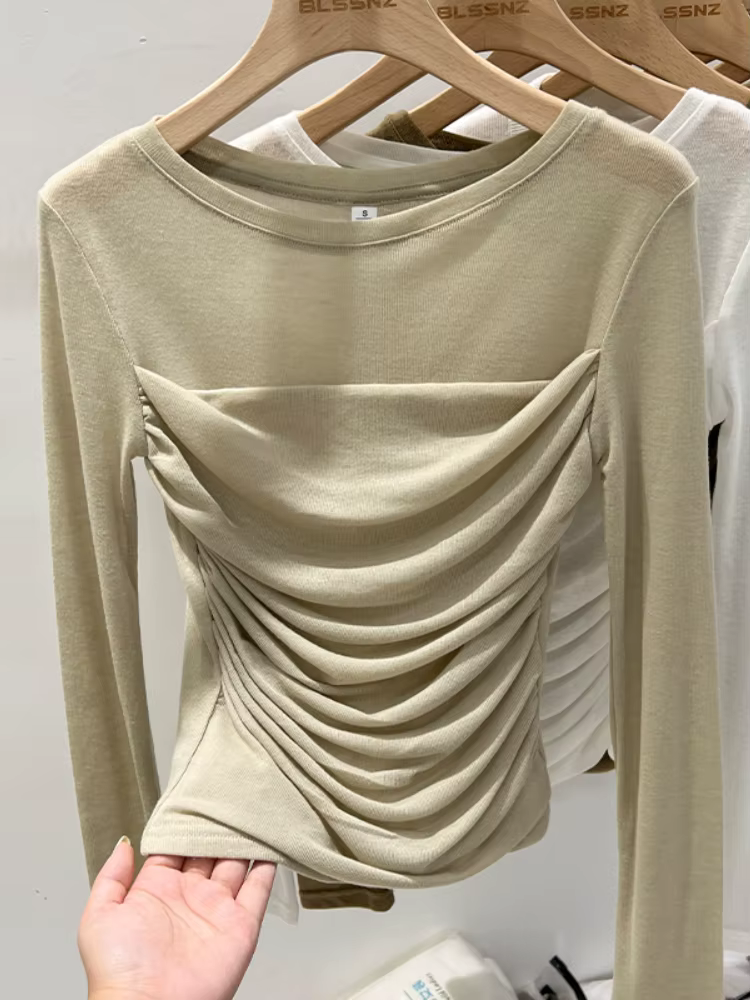 T-shirt élégant et sexy à col rond en dentelle noire 2026 pour femme, coupe ajustée, manches longues