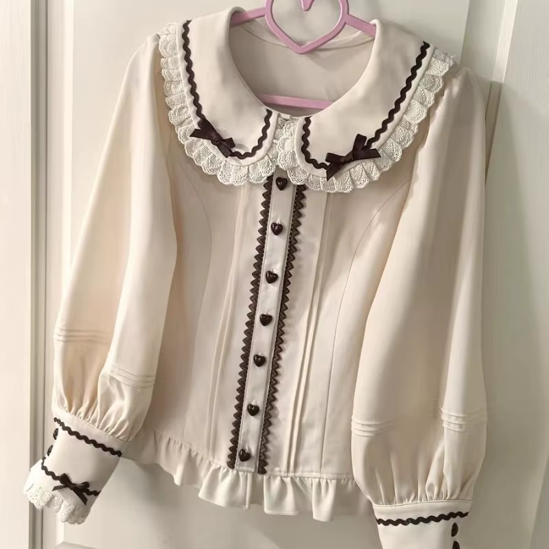 Chemisiers pour femmes de style Lolita, col Peter Pan, manches lanternes, dentelle, chemises douces,