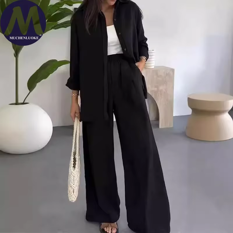 Ensemble 2 pièces mode été pour femme : chemise polyvalente à manches longues et revers, et pantalon