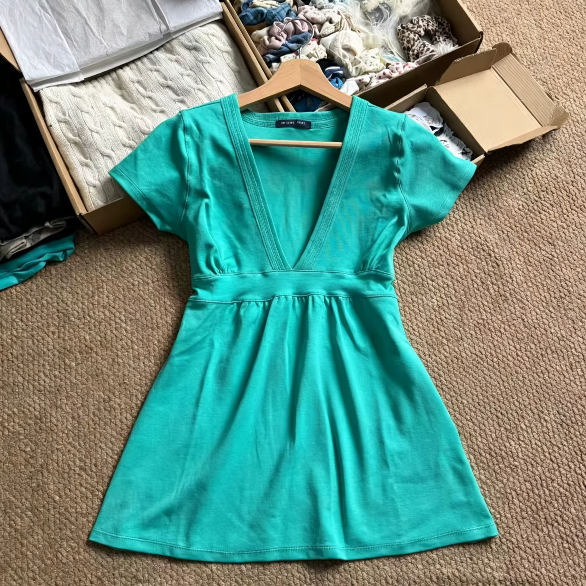 T-shirts femme col en V profond turquoise, basiques d'été, coupe trapèze en coton à manches courtes,